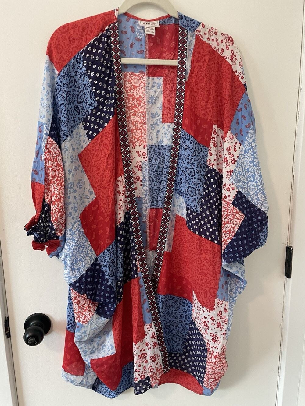 ARIAT Smokestack Kimono Red White Blue Floral Patchwork Print Boho Western OS 83